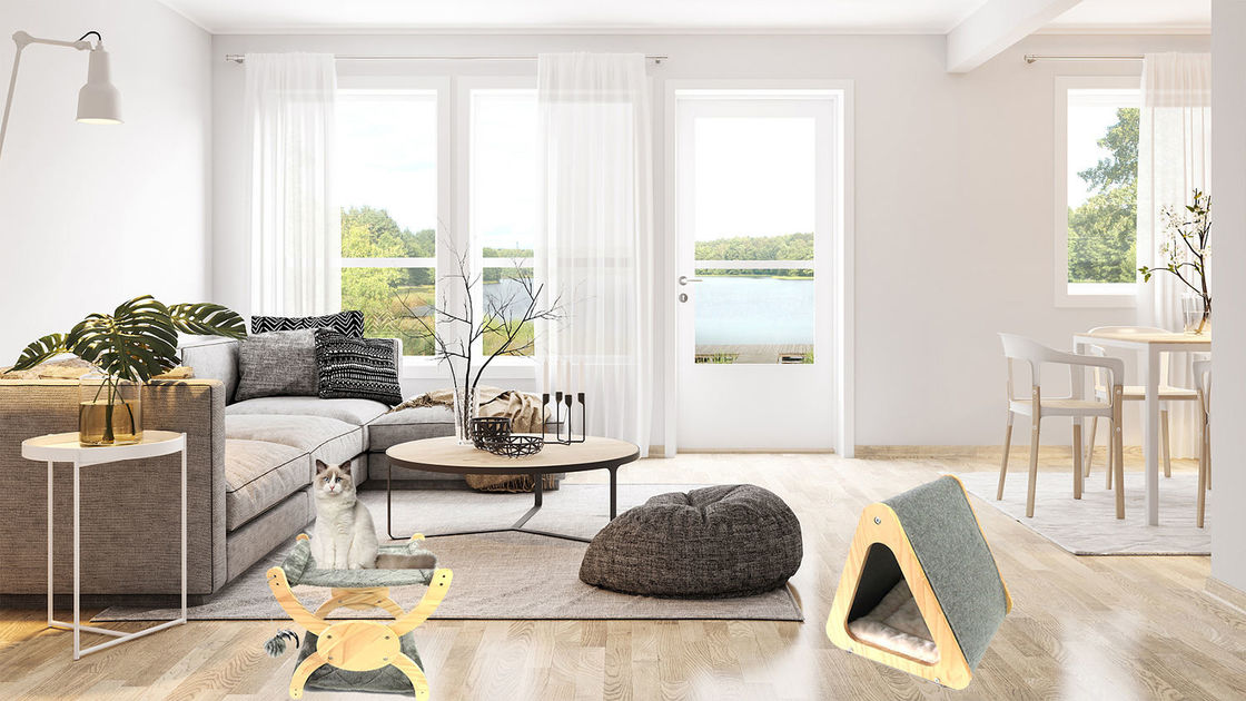 CARB أثاث خشبي صديق للقطط قابل للطي سرير منزل قطة لخدش كهف شعر