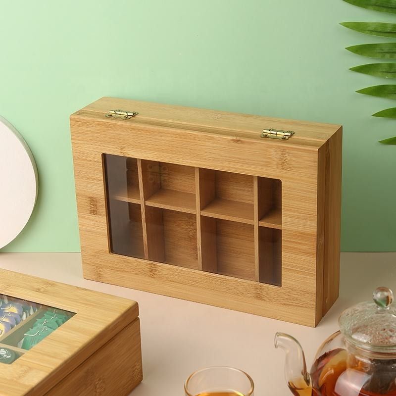 8 مقصورات مفصلية خشبية صندوق تخزين صندوق شاي من الخيزران منظم تخزين