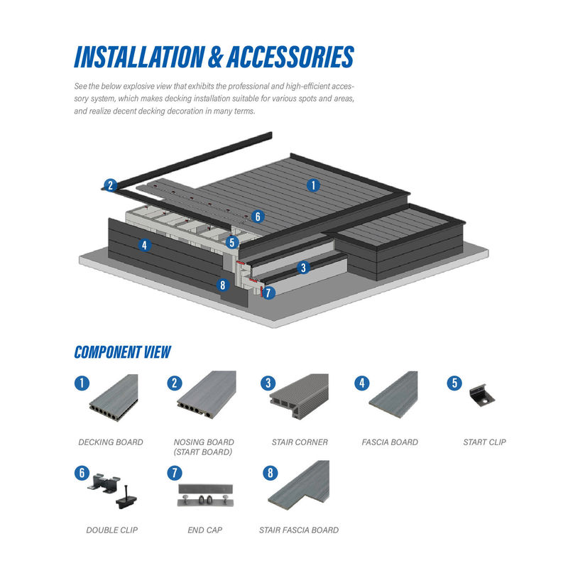 WPC / BPC لون التيك WPC شرفة خارجية مقاومة للحريق مغطاة بالألياف الخشبية مقاومة للماء عالية الجودة المكونات السطحية مضادة للانزلاق